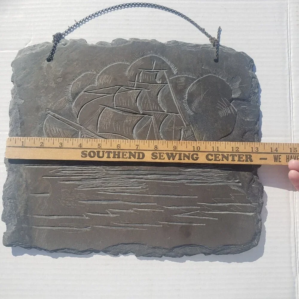 Vintage Slate Etching Ship Sail Boat Sailing‎ Vessel Barque Schooner Nautical